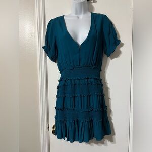 Hemline Karlie Blue Solid Smock Ruffle Dress NWT SMALL